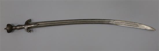 An Indian steel handled tulwar, 37in.